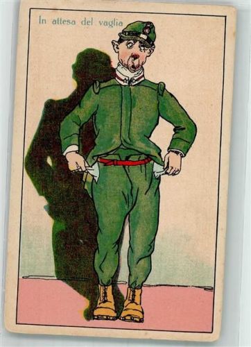 Soldat in Uniform mit leeren Taschen Humor