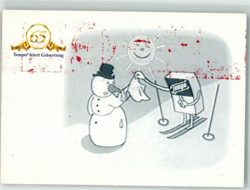 Tempo-Taschentücher feiern 65. Geburtstag Schneemann unter der lächelnden Sonne