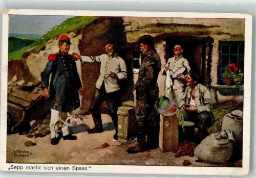 1916 sign. Riesse, Wilhelm Bayerischer Soldat macht sich über gefangenen Franzosen lustig FEM Nr. 36 Künstlerkarte Feldpost WK I 8. Landwehr-Division