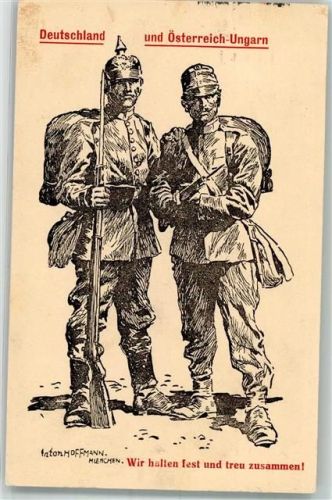 1914 Ein abwehrbereiter deutscher und österreichischer Landser in Uniform Zweibund Patriotik WK I Maschinenstempel
