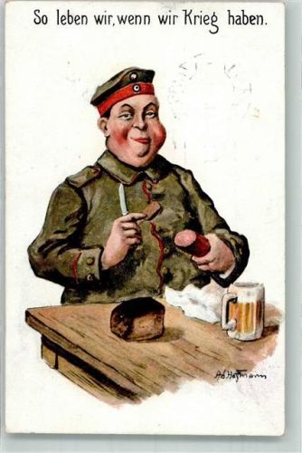 1915 Dicker Landser in Uniform mit Wurst und Bier Humor WSSB No. 931 Feldpost WK I Ulm Maschinenstempel