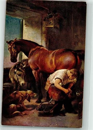 Hufeisenschmied im Pferdestall Vogelkäfig an der Wand sign. Landseer Zieher, Ottmar Nr. 111