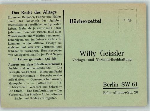 Berlin Mitte Oeflers Geschäftshandbuch Bestellkarte Willy Geissler Geschäftskorrespondenz