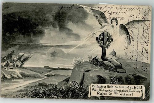 1915 sign. Haber Ein Engel mit Schwert über dem Grab eines deutschen Soldaten Feldpost WK I Aigen