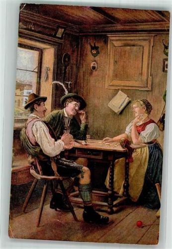 sign. Rau Junge Männer mit Frau in Tracht beim Kartenspiel