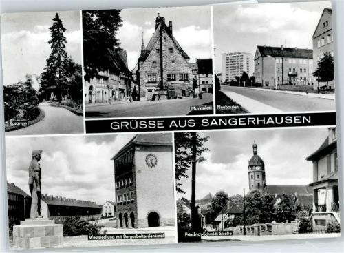 Sangerhausen Rosarium, Marktplatz, Neubauten, Westsiedlung mit Bergarbeiterdenkmal, Friedrich-Schmidt-Straße, Kirche