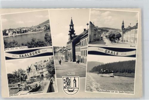07929 O6555 Saalburg , Saale - Rathaus, HO- Hotel Kranich mit Lastenfähre, Saale Talsperre, Markt