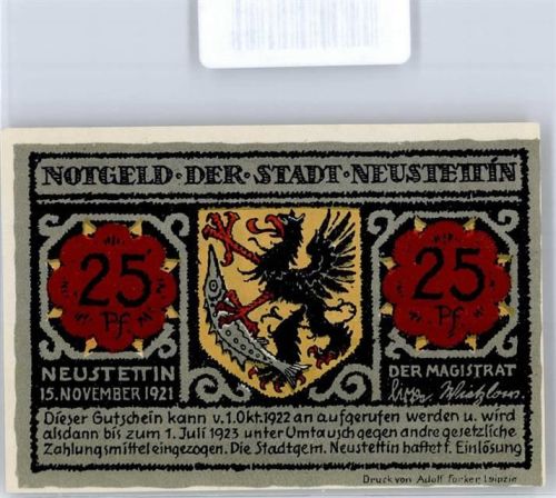 Neustettin Szczecinek 1921 Notgeldschein 25 Pfennig 1921