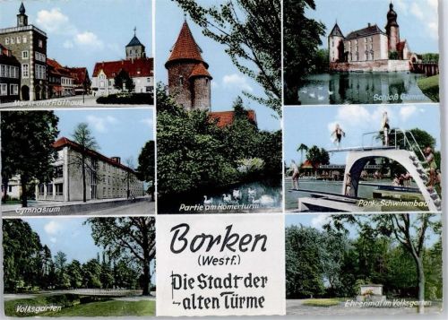 46325 W4280 Borken , Westf - Marktplatz Rathaus Römerturm Schwimmbad Schloss Gemen