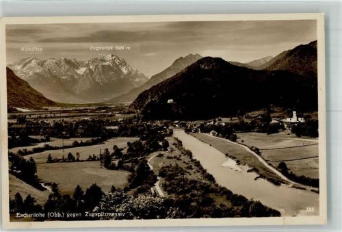 Eschenlohe 1935 Panorama des Ortes an der Loisach mit dem Zugspitzmassiv Fotograf Rudolf Rudolphi