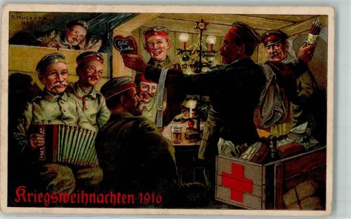 WK I Weihnacht im Feld Ziehharmonika Liebegaben Rotes Kreuz Kiste Spende Tannenbaum Lebkuchen Künstlerkarte