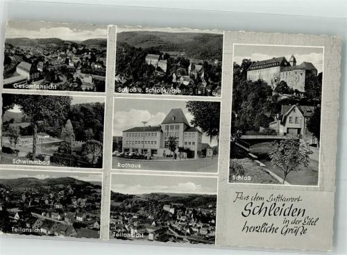 Schleiden Panorama des Ortes Schwimmbad Rathaus Schloss und Schlosskirche Verlag Cornely Nr. 6387