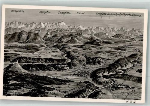 Peiting 1929 sign. Felle, Eugen Vogelschau des Gebietes von Kohlgrub bis Schongau mit Alpenpanorama Künstlerkarte Verlag Peter Triem Nr. 173