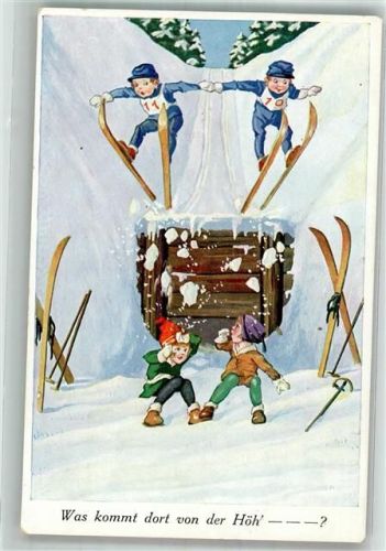 Jungs gehen vor zwei Skispringern in Deckung Humor WSSB 9556/2
