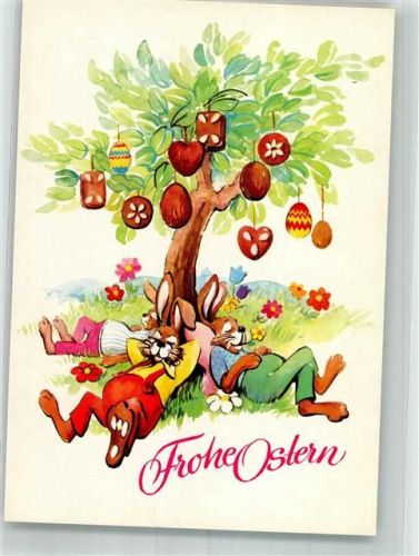 Nürnberg Ostern Schlafende Osterhasen unter einem mit Lebkuchen und Ostereiern behängten Baum Tiere vermenschlicht E. Otto Schmidt Lebkuchenfabrik