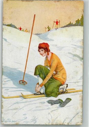 sign. Plantikow Kleine Betriebsstockung Skifahrerin WSBS 6538 Künstlerkarte