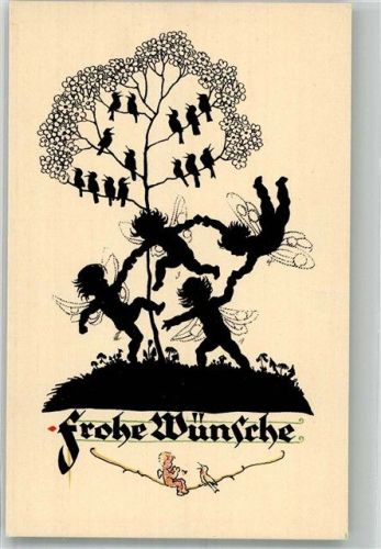 1928 Scherenschnitt Herumtollende Elfen unter singenden Vögeln Nr. 79
