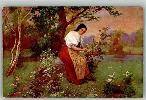 1916 sign. Jandl Junge Frau im Trachtenkleid in einer bunten sommerlichen Landschaft