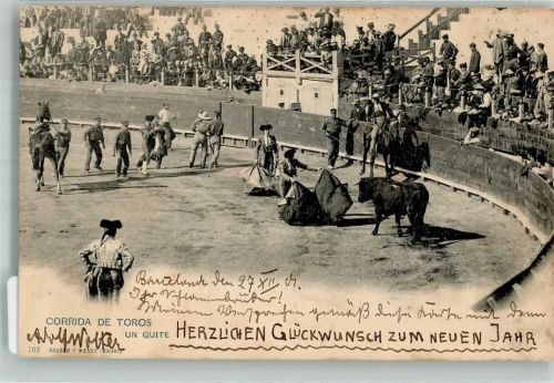 1901 Toreros mit rotem Tuch gegen einen Stier in der Arena