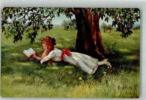 Junge Frau im Schatten eines Baumes liest im hohen Gras ein Buch Verlag Arthur Rehn & Co. No. 707