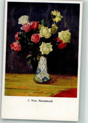 sign. Mogk Künstlersteinzeichnung Rosenstrauß in Blumenvase