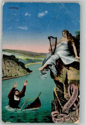 Loreley 1918 Mann erleidet angesichts der schönen Frau mit Harfe Schiffbruch Feldpost WK I Coblenz