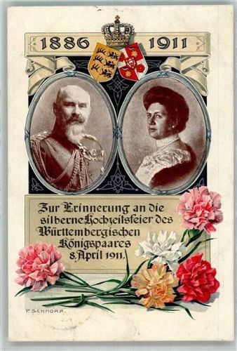 1911 sign. Schnorr Silberne Hochzeitsfeier von König Wilhelm II und Charlotte zu Schaumburg-Lippe Nelken Blumentag
