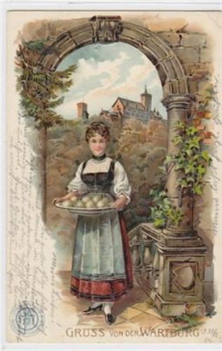Prägedruck Lithographie Gruss von der Wartburg. ein Frau in Tracht mit Thüringer Klößen. Im Hintergrund ist die Wartburg zu sehen gelaufen 1902. Knick oben rechts, sonst gut erhalten.