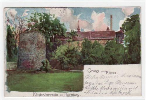 Riesa Riesa, Künstlerkarte mit Klosterüberreste am Poerenweg gelaufen von 1922. Leichte Stempelspuren, sonst gut erhalten.