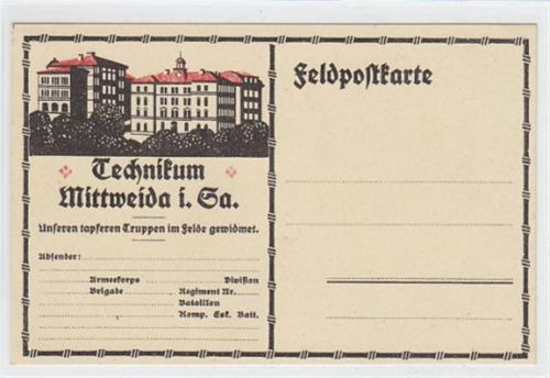 Feldpostkarte von Mittweida in Sachsen. Technikum schön künstlerisch gestaltet. Ungelaufen. Sehr gute Erhaltung.