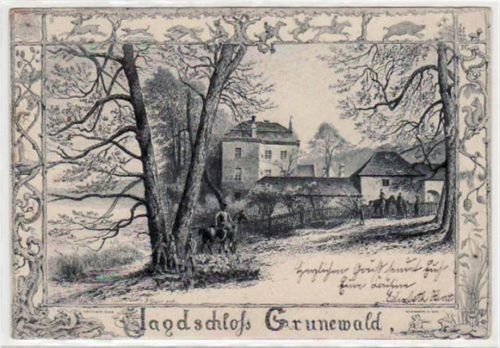 Berlin Wilmersdorf, Grunewald, Federzeichnung Jagdschloß gelaufen von 1899. Albumabdrücke an den Ecken leicht stockfleckig, sonst gut erhalten