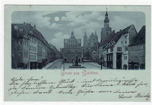 Mondscheinkarte von Eisleben mit Marktplatz gelaufen von 1898. Gute Erhaltung.