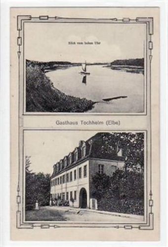 Gasthaus Tochheim a.d. Elbe und Blick vom hohen Ufer gelaufen von 1911, Marke beschädigt. Gute Erhaltung.