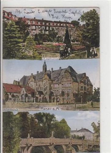 Hanau Hanau. 3 Abbildungen. Kinzigbrücke. Feldpost, Stempel von 1916. Ecken mit Albumabdrücken, leichte Eckabschürfungen, sonst gut erhalten