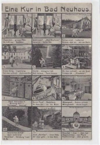 Eine Kur in Bad Neuhaus mit zwölf verschiedenen Abbildungen gelaufen am 02. Juni 1905 kleiner Bug Kartenmitte, sonst gut erhalten