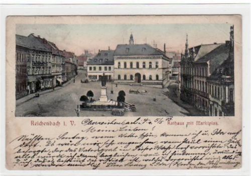Reichenbach Reichenbach mit Rathaus und Marktplatz gelaufen von 1903. Leicht bügig, leicht fleckig, sonst gut erhalten