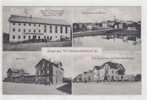 Wüstenbrand. Gasthof Wüstenbrand, eine Teichpartie mit Kirche Bahnhof Ecke Chemnitzer und Limbacher Strasse. Ungelaufen. Gute Erhaltung.