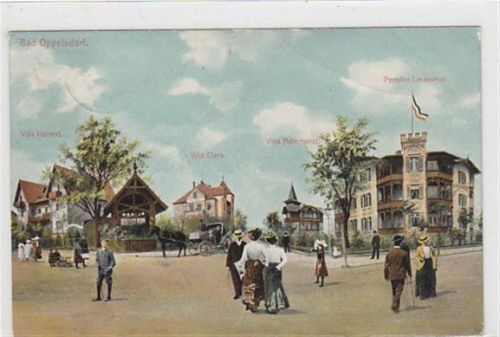 Bad Oppelsdorf - Opolno Zdrój / Kreis Görlitz - Zgorzelec mit Villen Heimat, Clara, Adlerhorst, Pension Lindenhofgelaufen 1907. Leichter Stempeldurchdruck. Knick und Bug oben rechts. leichte Eckabschürfungen und oberer Rand, sonst gut erhalten