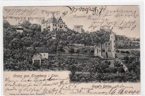 Gruß aus Eisenberg i. Thür. mit Geyers Garten gelaufen von 1903 kleiner Knick oben links, kleine Beschädigung am Rand oben links, leichter Bug oben rechts, sonst gut erhalten.