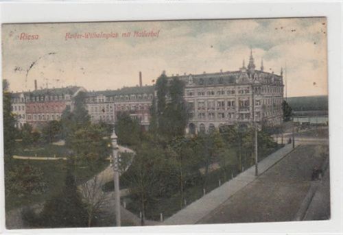 Riesa. Kaiser - Wilhelmplatz Kaiserhof gelaufen, 1912. Stempelspuren, Vorder- und Rückseite fleckig, sonst gut erhalten