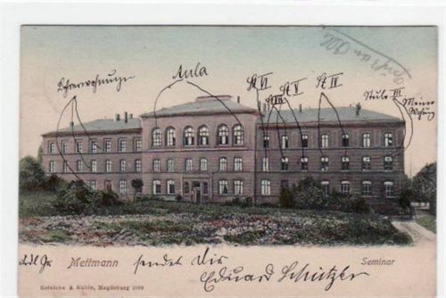 Mettmann mit Seminar gelaufen, mit Marke und Stempel von 1902. Ecken mit Albumabdrücken, sonst gut erhalten