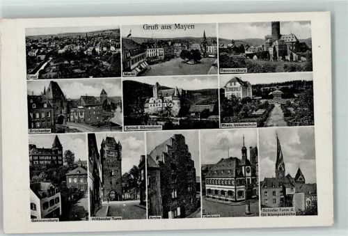 56727 W5440 Mayen - Rheinische Imkerschule Markt Fahne Genovevaburg Brückentor Schloss Bürresheim Wittbender Turm Arche Staffelhaus Rathaus St.Klemenskirche