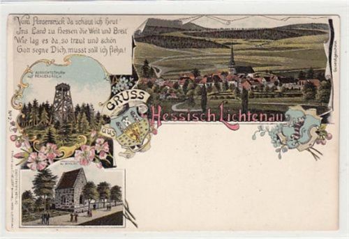 Hessisch - Lichtenau, Lithographie mit Aussichtsturm auf Pensersrück und Marienkapelle zu St. Kilian. ungelaufen um 1900 Ecken mit Albumabdrücken, am Rand oben leicht beschnitten, sonst gut erhalten