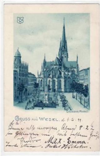Wesel mit Grosser Markt gelaufen, mit Marke und Stempel von 1899. Ecken mit Albumabdrücken, leicht fleckig, sonst gut erhalten