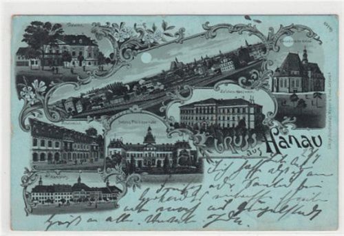 Hanau, Mondscheinlithographie. Zeichen Akademie französische Kirche, eine Wilhelmsbad gelaufen, 1900. Leichter Stempeldurchdruck, leicht fleckig, leichte Eckabschürfungen, sonst gut erhalten