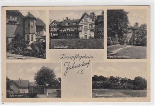 Jahnsdorf. Kreispflegeheim mit Haupteingang, Hauptansicht, Garten des Heims, Gesamtansicht und Gutsansicht. Leichter Stempeldurchdruck, leicht stockfleckig, sonst gut erhalten