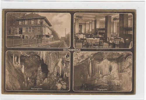 Dechenhöhle. Bahnhof Dechenhöhle Restaurationsraum Kaisergrotte Orgelgrotte gelaufen 1924. Rückseite leicht fleckig, sonst gut erhalten