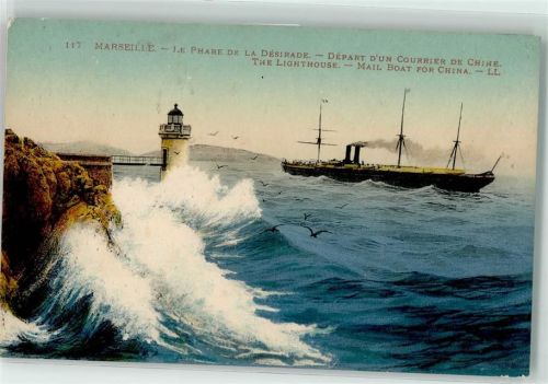 Marseille Le Phare de la Desirade Mail Boat for China Frachtschiff Möwen