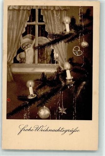 Blick durch das Fenster , geschmückter Tannenbaum Brezel AK Weihnachtsmann 1936