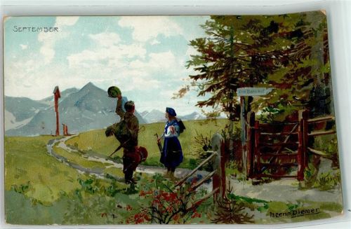 September sign. Diemer, Zeno - Wandern AK Monat 1899 Lithographie / Künstlerkarte